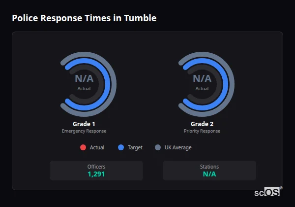 Police response times in Tumble - showing Grade 1 immediate and Grade 2 priority response times compared to UK averages