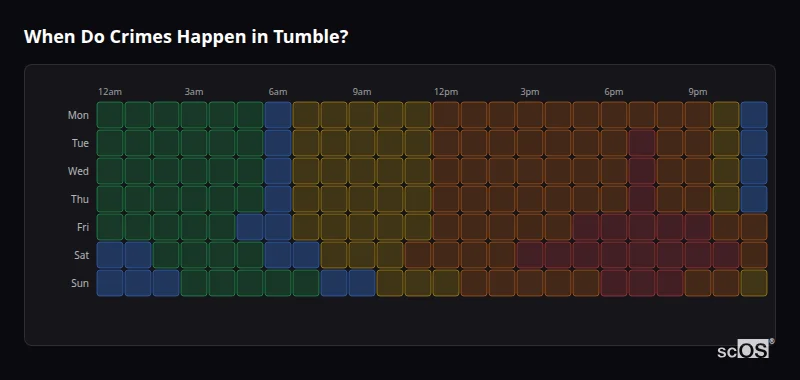 Crime time heatmap for Tumble - showing when crimes are most likely to occur by day and hour