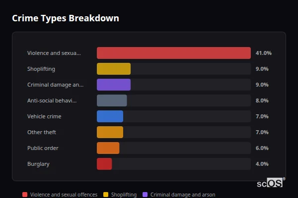 Crime Types Breakdown - Thundersley and South Benfleet Crime Types Breakdown for Thundersley and South Benfleet - showing Violence and sexual offences (41%), Shoplifting (9%), Criminal damage and arson (9%)
