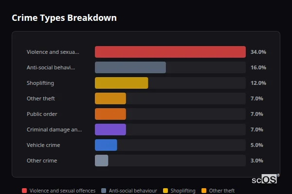 Crime Types Breakdown - Biggleswade Crime Types Breakdown for Biggleswade - showing Violence and sexual offences (34%), Anti-social behaviour (16%), Shoplifting (12%)