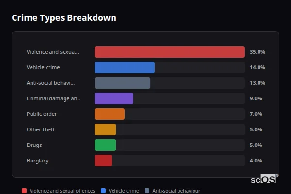 Crime Types Breakdown for Caddington - showing Violence and sexual offences (35%), Vehicle crime (14%), Anti-social behaviour (13%)