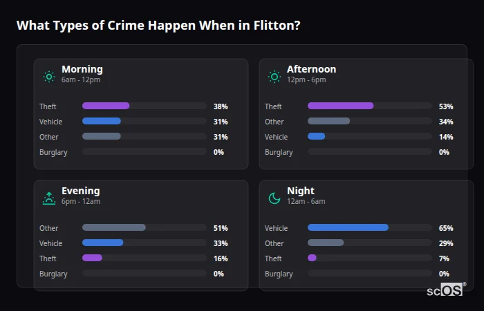 Crime types by time period for Flitton - showing breakdown of burglary, violence, theft, and vehicle crime by morning, afternoon, evening, and night