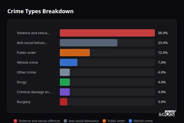 Crime Types Breakdown for Henlow - showing Violence and sexual offences (38%), Anti-social behaviour (23%), Public order (12%)