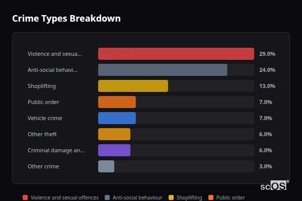Crime Types Breakdown - Marston Moretaine Crime Types Breakdown for Marston Moretaine - showing Violence and sexual offences (29%), Anti-social behaviour (24%), Shoplifting (13%)