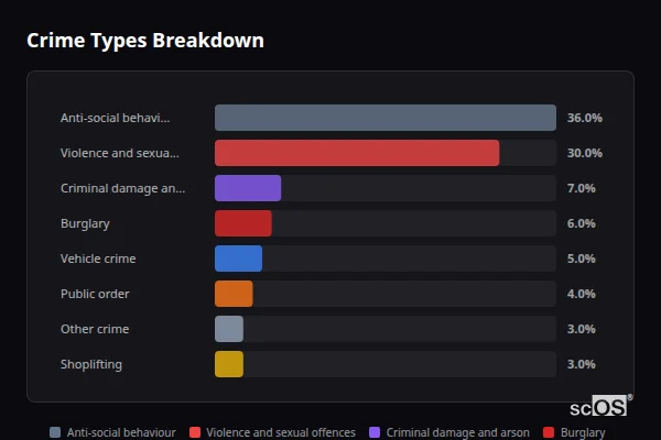 Crime Types Breakdown for Silsoe - showing Anti-social behaviour (36%), Violence and sexual offences (30%), Criminal damage and arson (7%)