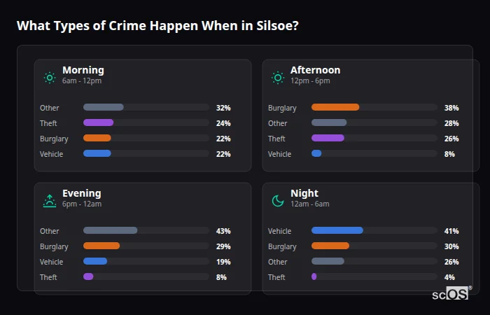 Crime types by time period for Silsoe - showing breakdown of burglary, violence, theft, and vehicle crime by morning, afternoon, evening, and night