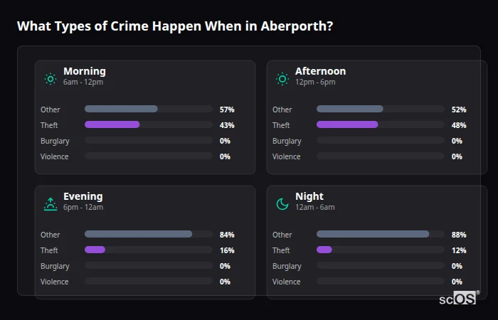 Crime types by time period for Aberporth - showing breakdown of burglary, violence, theft, and vehicle crime by morning, afternoon, evening, and night