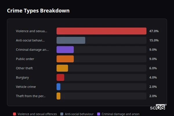 Crime Types Breakdown - Borth Crime Types Breakdown for Borth - showing Violence and sexual offences (47%), Anti-social behaviour (15%), Criminal damage and arson (9%)