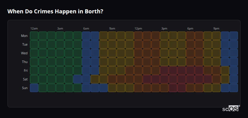 When Do Crimes Happen in Borth? Crime time heatmap for Borth - showing when crimes are most likely to occur by day and hour