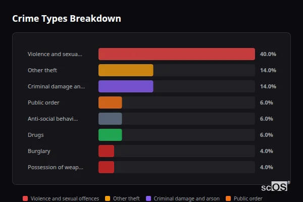 Crime Types Breakdown for Llanon - showing Violence and sexual offences (40%), Other theft (14%), Criminal damage and arson (14%)