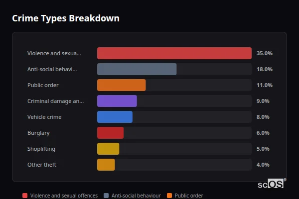 Crime Types Breakdown for Anstey - showing Violence and sexual offences (35%), Anti-social behaviour (18%), Public order (11%)