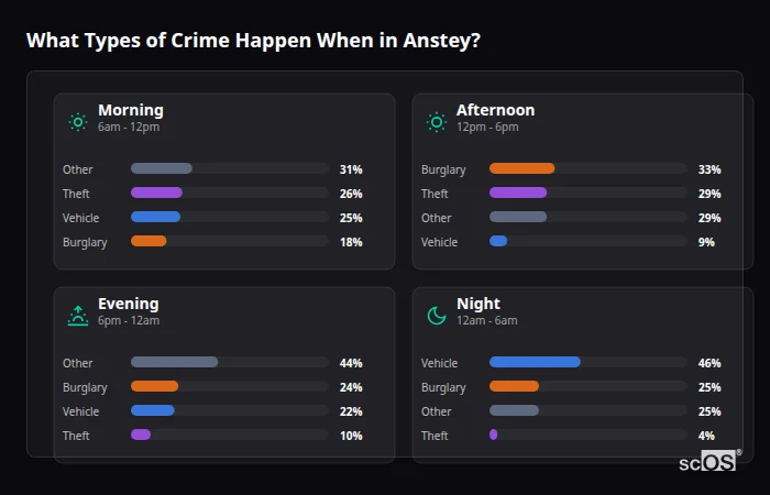 Crime types by time period for Anstey - showing breakdown of burglary, violence, theft, and vehicle crime by morning, afternoon, evening, and night