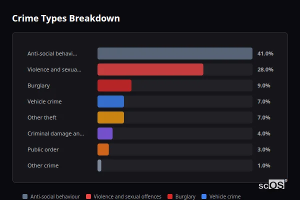 Crime Types Breakdown for Burton on the Wolds - showing Anti-social behaviour (41%), Violence and sexual offences (28%), Burglary (9%)