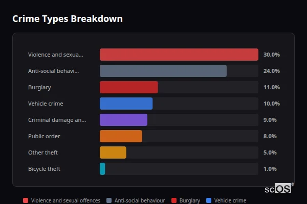 Crime Types Breakdown for Hathern - showing Violence and sexual offences (30%), Anti-social behaviour (24%), Burglary (11%)