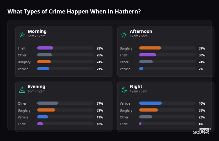 Crime types by time period for Hathern - showing breakdown of burglary, violence, theft, and vehicle crime by morning, afternoon, evening, and night