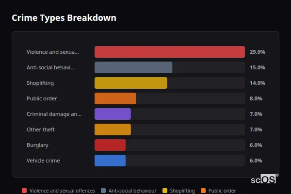 Crime Types Breakdown for Loughborough - showing Violence and sexual offences (29%), Anti-social behaviour (15%), Shoplifting (14%)