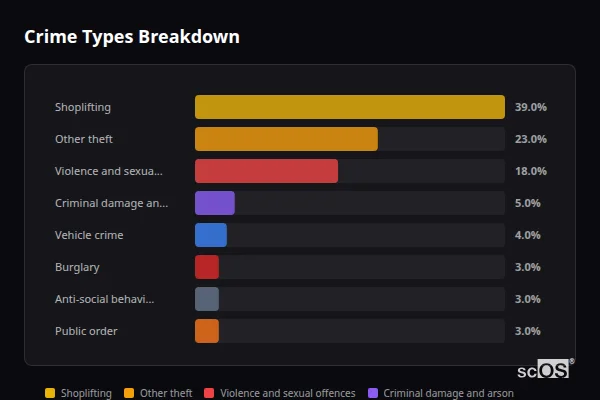 Crime Types Breakdown - Queniborough Crime Types Breakdown for Queniborough - showing Shoplifting (39%), Other theft (23%), Violence and sexual offences (18%)