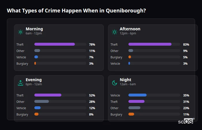 What Types of Crime Happen When in Queniborough? Crime types by time period for Queniborough - showing breakdown of burglary, violence, theft, and vehicle crime by morning, afternoon, evening, and night