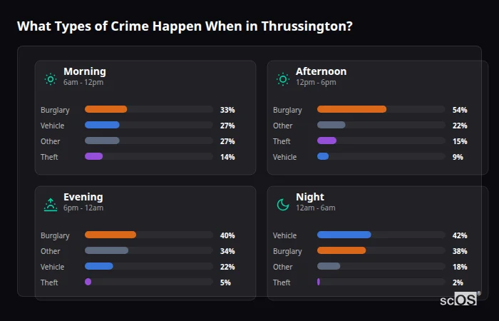 Crime types by time period for Thrussington - showing breakdown of burglary, violence, theft, and vehicle crime by morning, afternoon, evening, and night
