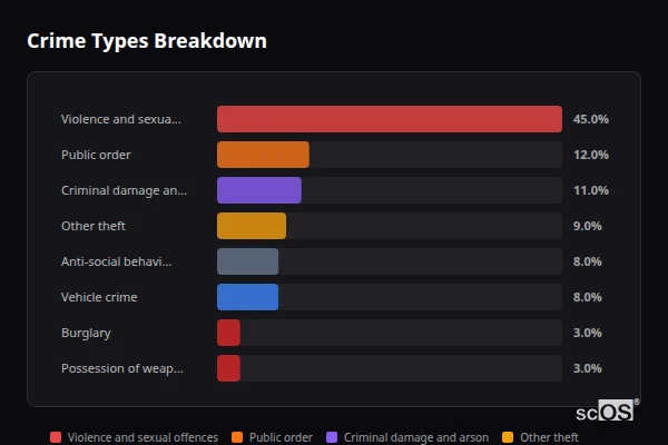 Crime Types Breakdown for East Hanningfield - showing Violence and sexual offences (45%), Public order (12%), Criminal damage and arson (11%)