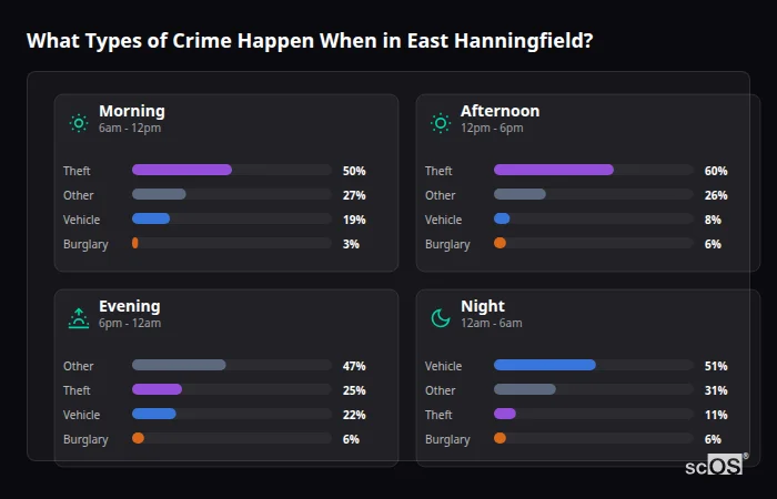 Crime types by time period for East Hanningfield - showing breakdown of burglary, violence, theft, and vehicle crime by morning, afternoon, evening, and night