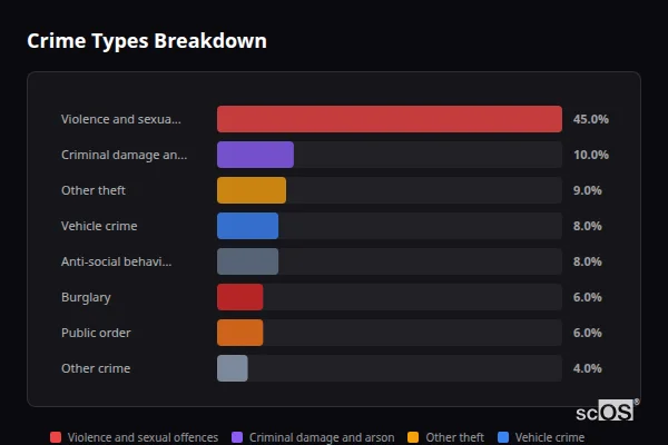 Crime Types Breakdown for Rural Chelmsford - showing Violence and sexual offences (45%), Criminal damage and arson (10%), Other theft (9%)