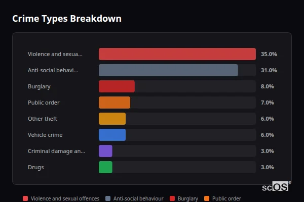 Crime Types Breakdown for Stock - showing Violence and sexual offences (35%), Anti-social behaviour (31%), Burglary (8%)