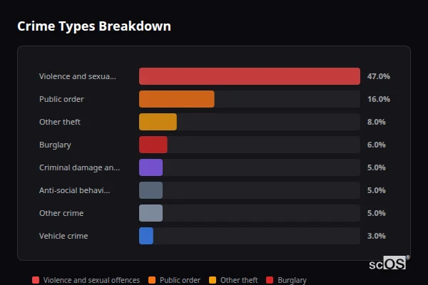 Crime Types Breakdown - Bletchingdon Crime Types Breakdown for Bletchingdon - showing Violence and sexual offences (47%), Public order (16%), Other theft (8%)