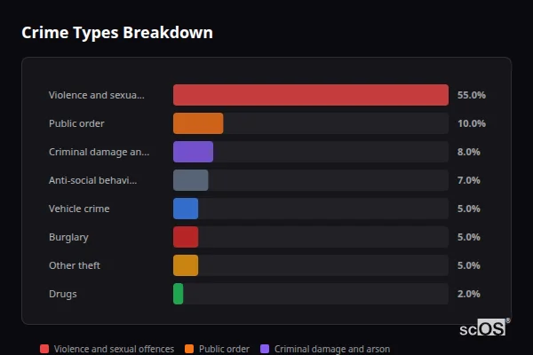 Crime Types Breakdown for Bloxham - showing Violence and sexual offences (55%), Public order (10%), Criminal damage and arson (8%)