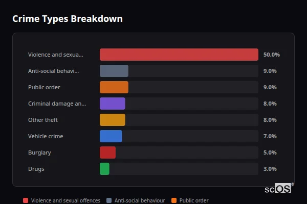 Crime Types Breakdown for Launton - showing Violence and sexual offences (50%), Anti-social behaviour (9%), Public order (9%)
