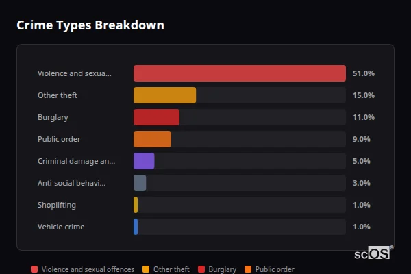 Crime Types Breakdown for Bunbury - showing Violence and sexual offences (51%), Other theft (15%), Burglary (11%)