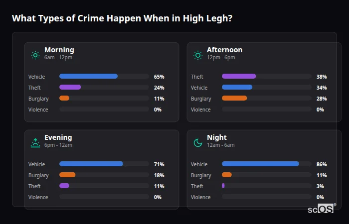 Crime types by time period for High Legh - showing breakdown of burglary, violence, theft, and vehicle crime by morning, afternoon, evening, and night