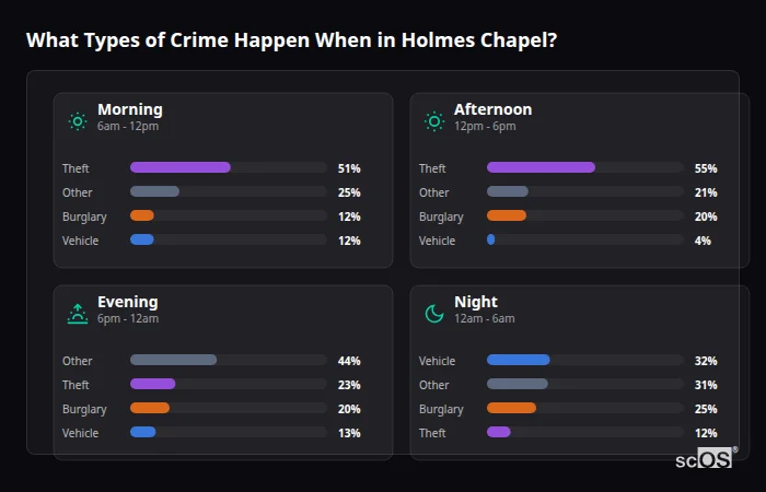 Crime types by time period for Holmes Chapel - showing breakdown of burglary, violence, theft, and vehicle crime by morning, afternoon, evening, and night