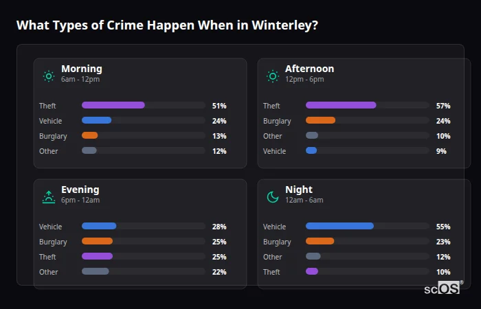 Crime types by time period for Winterley - showing breakdown of burglary, violence, theft, and vehicle crime by morning, afternoon, evening, and night