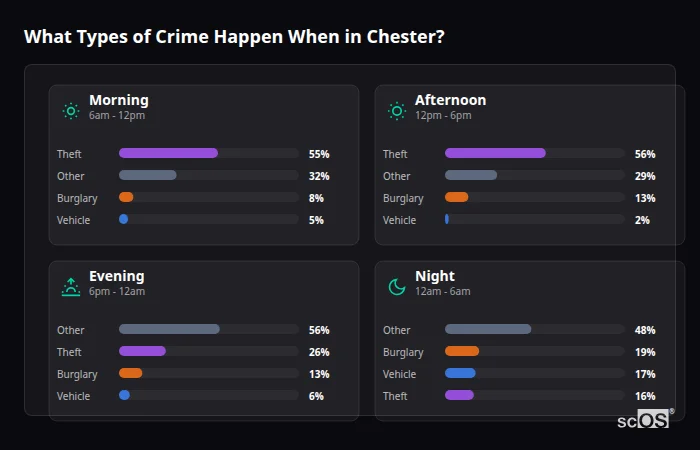 Crime types by time period for Chester - showing breakdown of burglary, violence, theft, and vehicle crime by morning, afternoon, evening, and night