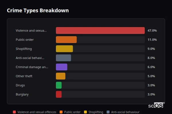 Crime Types Breakdown - Ellesmere Port Crime Types Breakdown for Ellesmere Port - showing Violence and sexual offences (47%), Public order (11%), Shoplifting (9%)