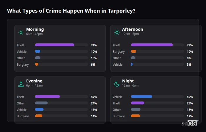 What Types of Crime Happen When in Tarporley? Crime types by time period for Tarporley - showing breakdown of burglary, violence, theft, and vehicle crime by morning, afternoon, evening, and night