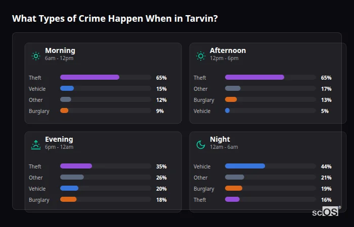 Crime types by time period for Tarvin - showing breakdown of burglary, violence, theft, and vehicle crime by morning, afternoon, evening, and night