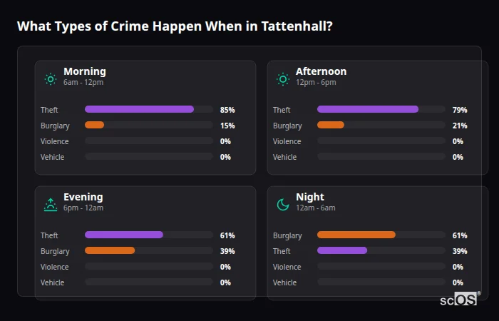 Crime types by time period for Tattenhall - showing breakdown of burglary, violence, theft, and vehicle crime by morning, afternoon, evening, and night