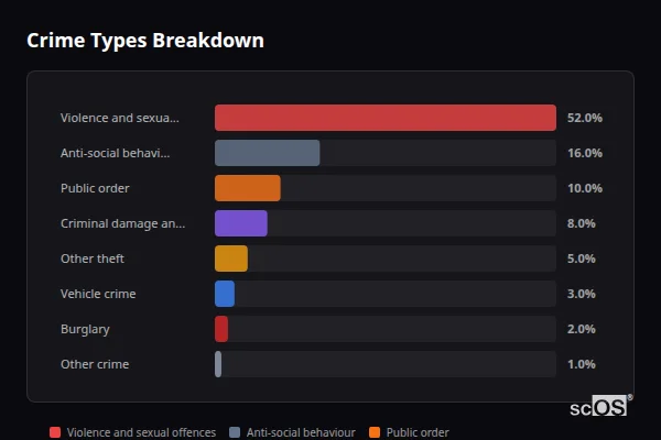 Crime Types Breakdown for Brimington - showing Violence and sexual offences (52%), Anti-social behaviour (16%), Public order (10%)