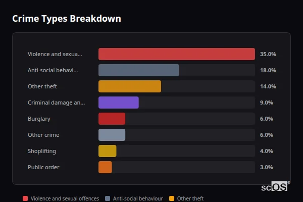 Crime Types Breakdown for Birdham - showing Violence and sexual offences (35%), Anti-social behaviour (18%), Other theft (14%)