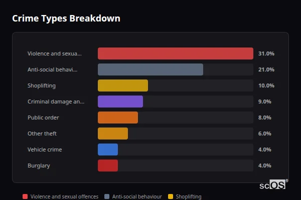 Crime Types Breakdown for Chichester - showing Violence and sexual offences (28%), Anti-social behaviour (20%), Shoplifting (16%)