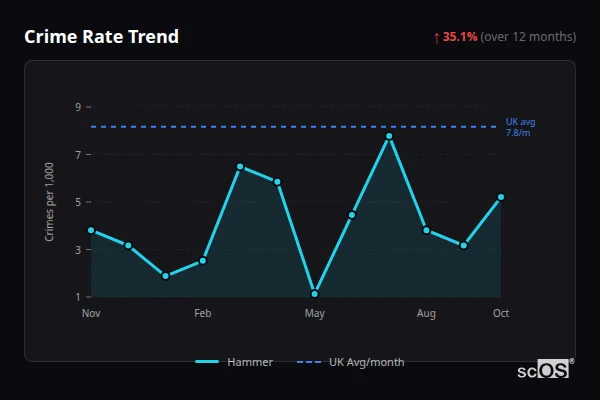 Crime Rate Trend for Hammer - showing 35.1% increase over 12 months