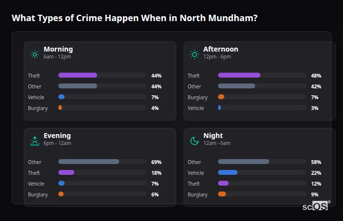 What Types of Crime Happen When in North Mundham? Crime types by time period for North Mundham - showing breakdown of burglary, violence, theft, and vehicle crime by morning, afternoon, evening, and night