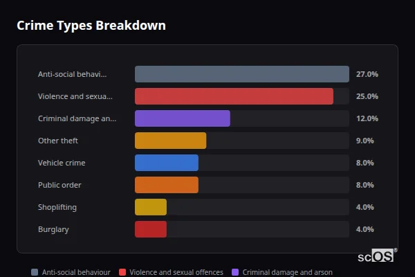 Crime Types Breakdown - Petworth Crime Types Breakdown for Petworth - showing Anti-social behaviour (27%), Violence and sexual offences (25%), Criminal damage and arson (12%)