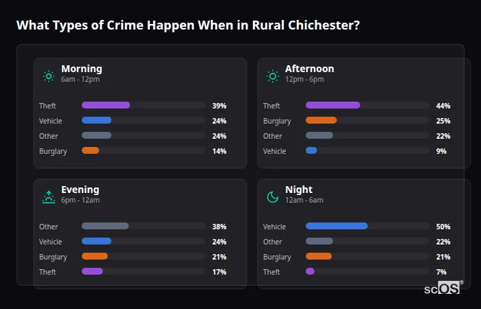 Crime types by time period for Rural Chichester - showing breakdown of burglary, violence, theft, and vehicle crime by morning, afternoon, evening, and night