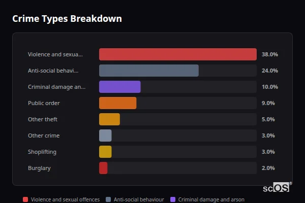 Crime Types Breakdown for Selsey - showing Violence and sexual offences (38%), Anti-social behaviour (24%), Criminal damage and arson (10%)