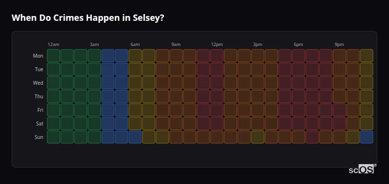 Crime time heatmap for Selsey - showing when crimes are most likely to occur by day and hour