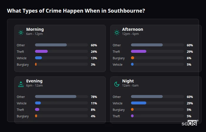 What Types of Crime Happen When in Southbourne? Crime types by time period for Southbourne - showing breakdown of burglary, violence, theft, and vehicle crime by morning, afternoon, evening, and night