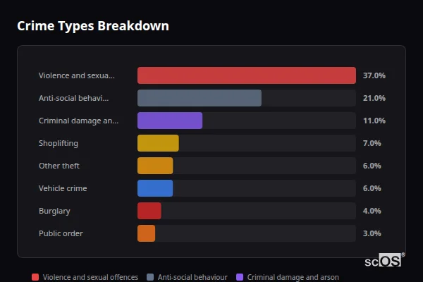 Crime Types Breakdown for Tangmere - showing Violence and sexual offences (37%), Anti-social behaviour (21%), Criminal damage and arson (11%)
